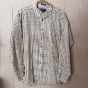 Sir Pendleton Mens XL Wool Button Down Shirt Cream Blue Plaid Worsted Wool XL
